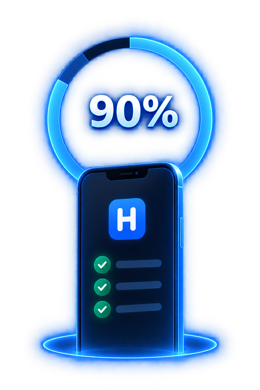 Телефон с кольцом «90%» и списком выполненных проверок